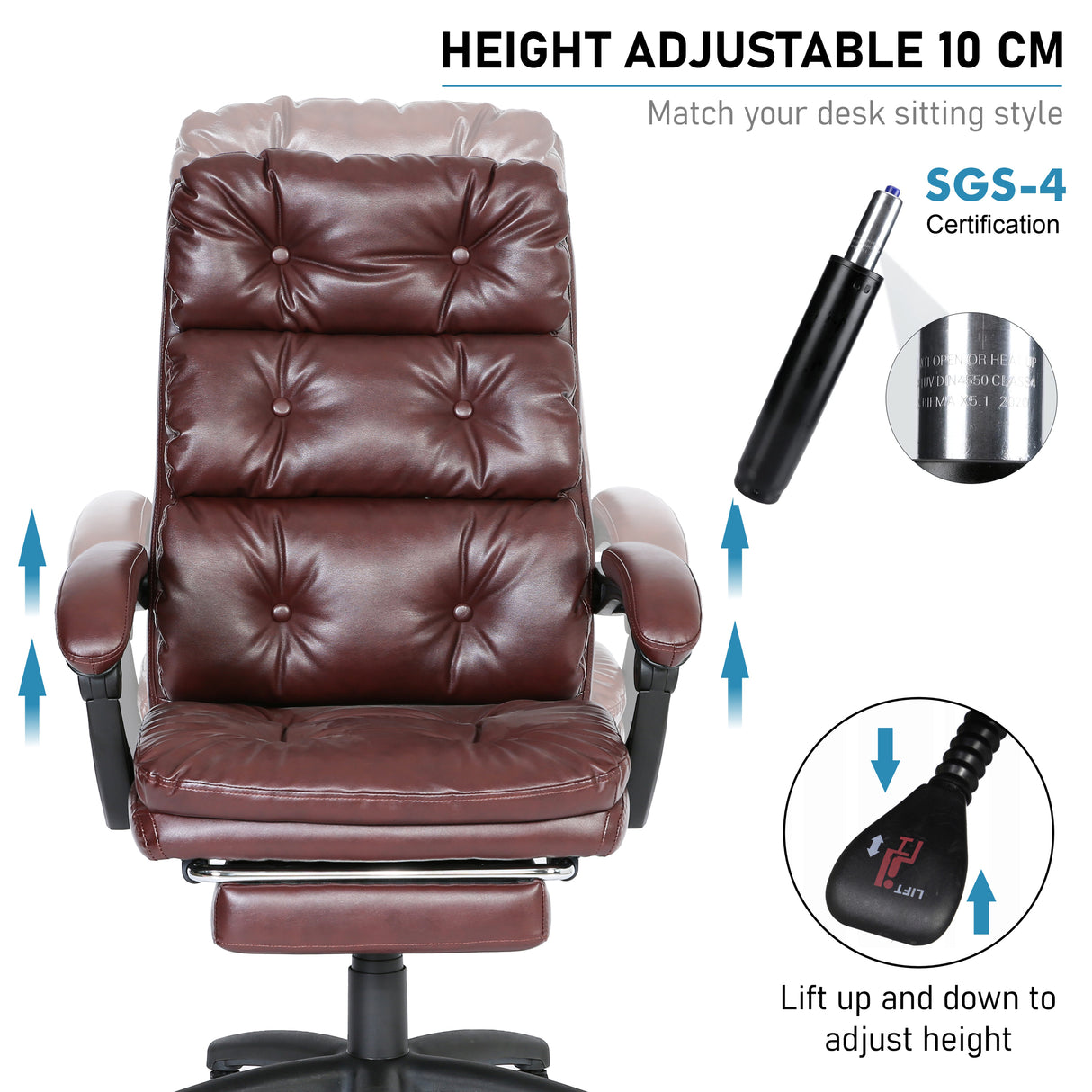 Leather executive office chair with 10cm height adjustment for customized comfort.