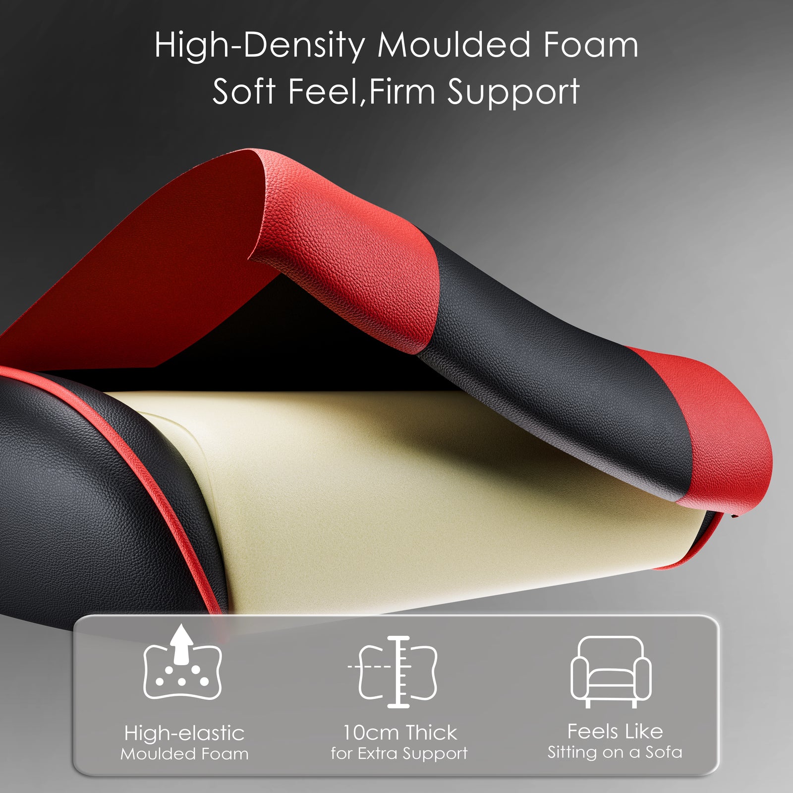 [Black + Red] Cross-section of Xstriker Gaming Chair With Footrest showing high-density moulded foam for ergonomic support and sofa-like comfort. Features 10cm thick padding.