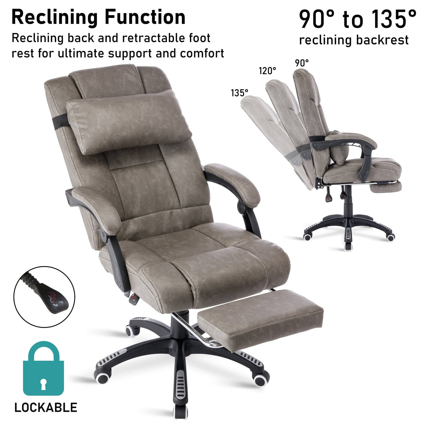 Leather office chair with reclining function, ergonomic design, and cushioned back support.