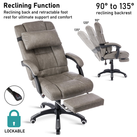 Leather office chair with reclining function, ergonomic design, and cushioned back support.