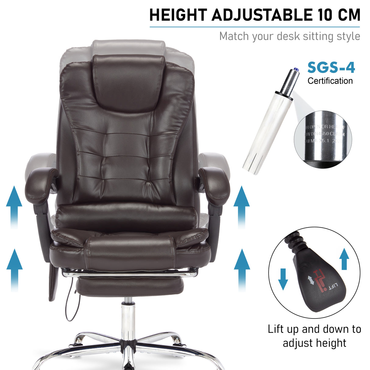 Leather office chair with massage feature and 10 cm height adjustment for customized comfort.