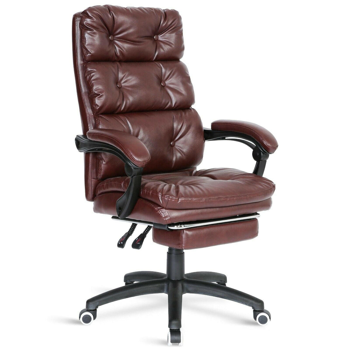 Comfortable PU leather office chairs with reclining feature and leg rest for relaxation.