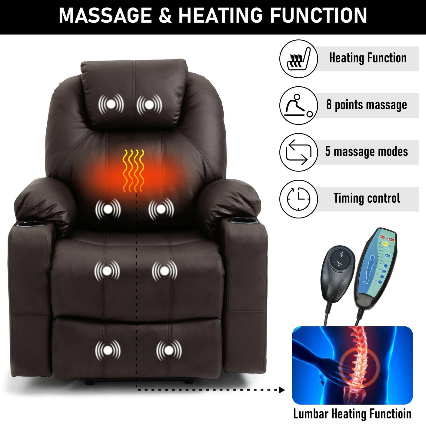 Brown Electric Recliner Chair For Elderly with 8-point massage, lumbar heating, and remote-controlled massage modes for full-body relief.