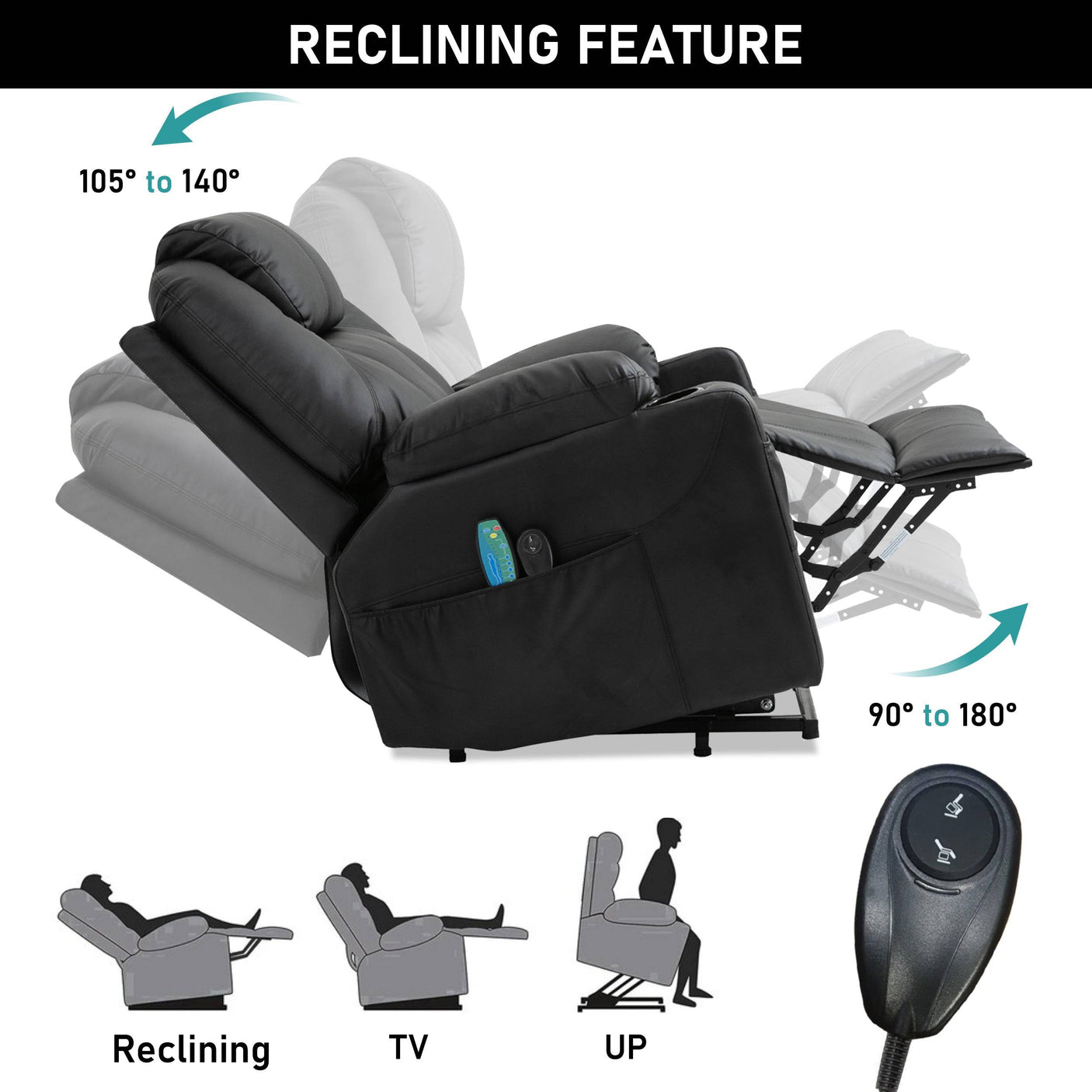 Black Electric Recliner Chair For Elderly with adjustable reclining angles from 90° to 180°, ideal for TV, rest, and lift-up support.