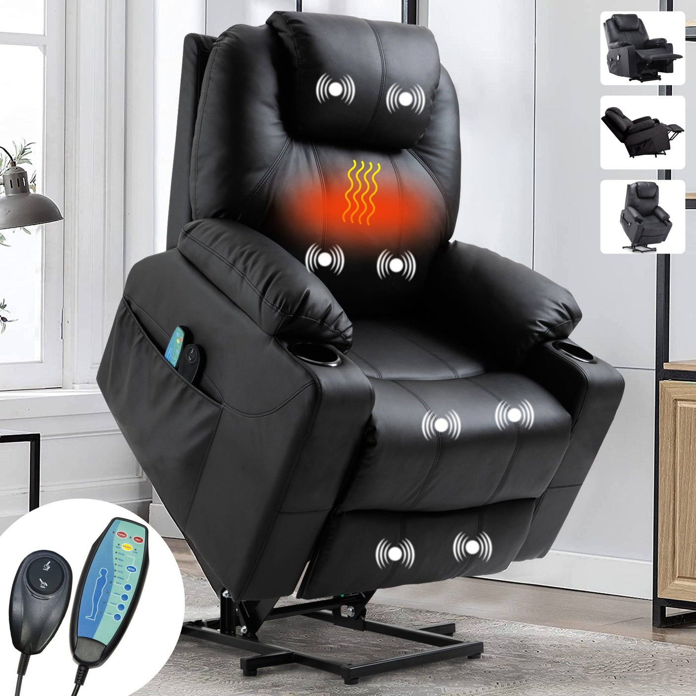 Electric Recliner Chair For Elderly in black with heat and massage, featuring lift assist, cup holders, and remote control for easy operation.