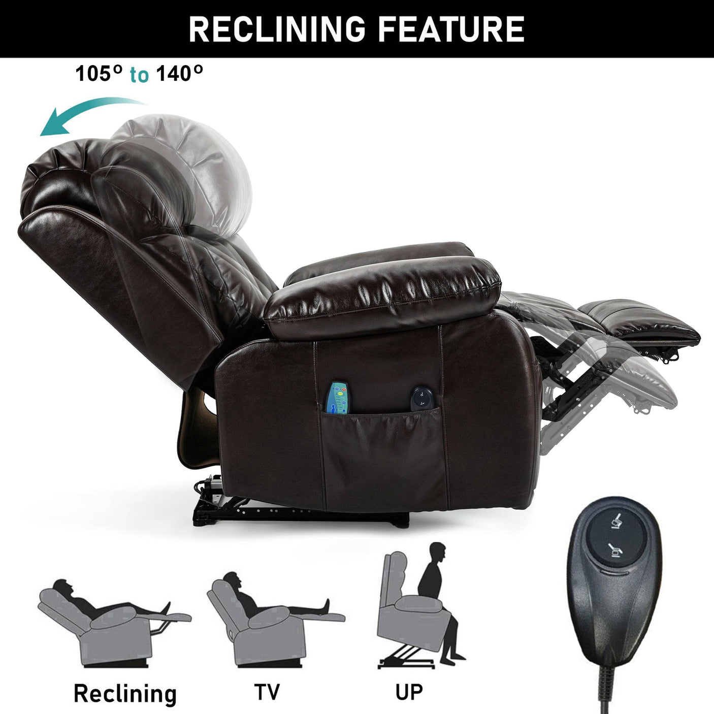 Brown electric recliner armchair with 105° to 140° reclining range and lift assist, ideal for TV viewing and full-body relaxation.