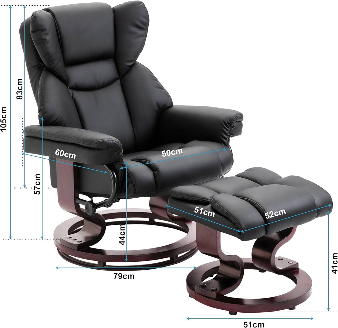 Dimensions of Recliner Swivel Armchair With Footstool | Lounge Chair shown in cm, highlighting seat height, width, and backrest measurements.