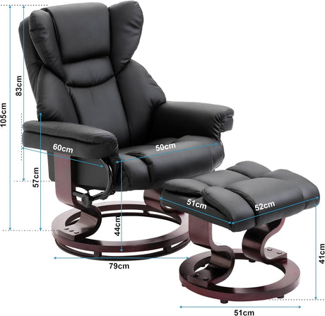 Black leather recliner swivel chairs with matching footrest, showcasing detailed dimensions.