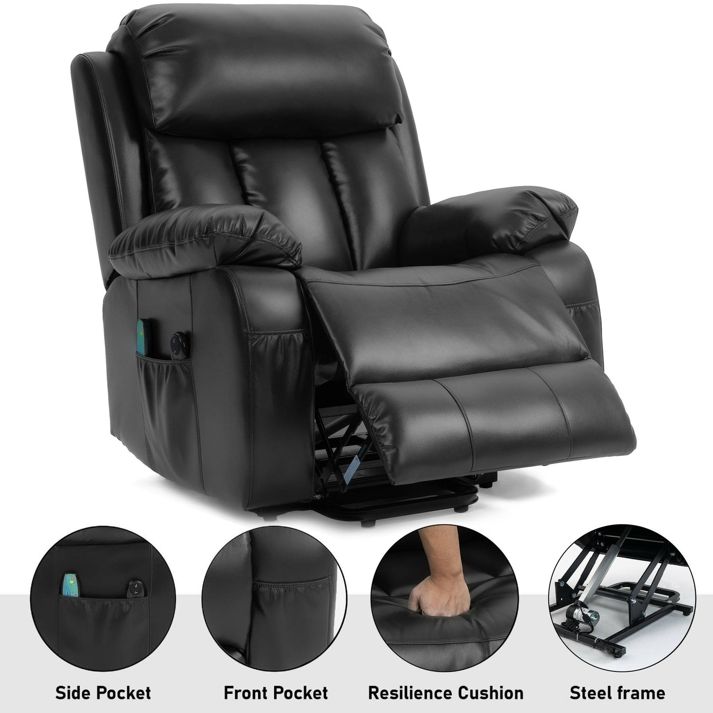 Black electric massage recliner chair with side and front pockets, resilience cushion, and steel frame for durability and convenience.
