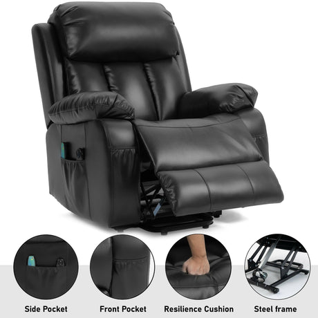 Black leather riser recliner chairs featuring side and front pockets, resilience cushion.