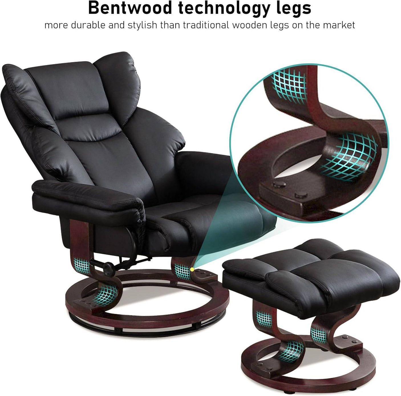 Recliner Swivel Armchair With Footstool | Lounge Chair with bentwood technology legs offering durability and contemporary style for modern interiors.