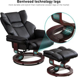 Leather swivel recliner chairs sale with matching footrest, featuring bentwood technology legs.