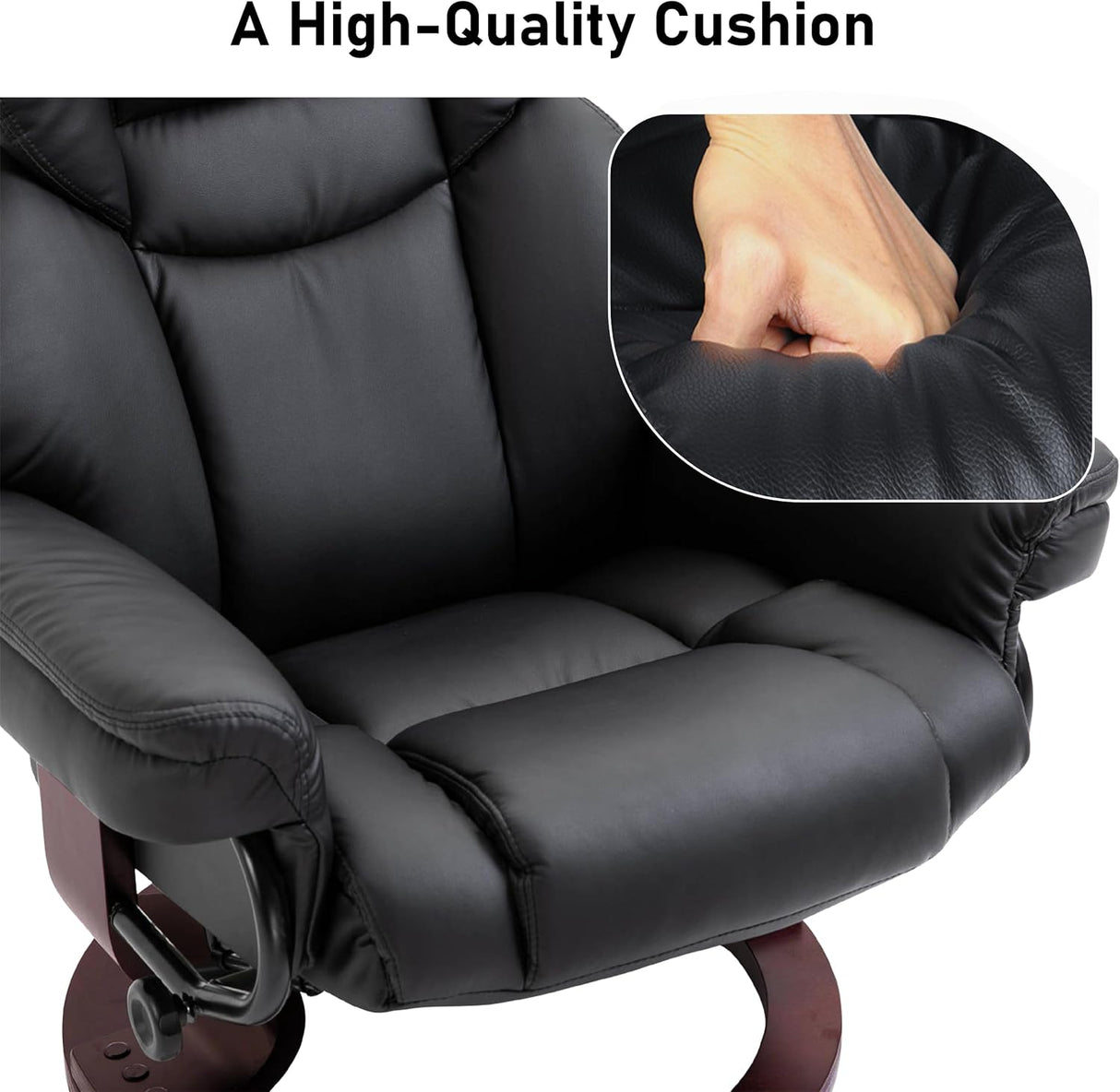 High-quality leather swivel recliner chairs with plush cushioning and a wooden base.