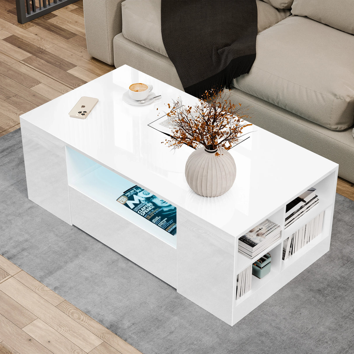 White coffee table with decorative items in a living room setting
