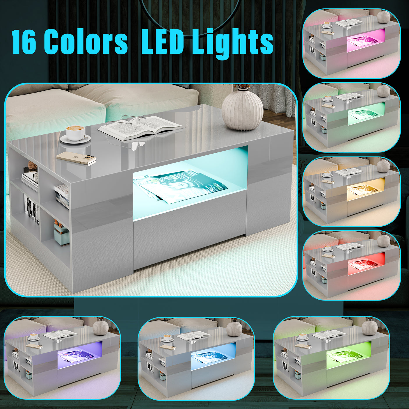 High Gloss Coffee Table With Storage & LED Lights