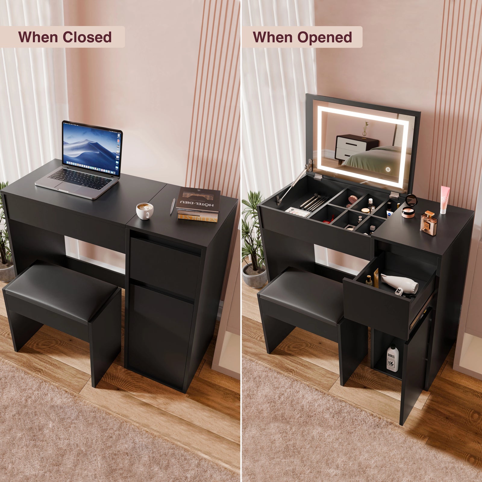 [Black] closed-vs-opened comparison of black vanity, laptop on left frame, mirror and stool on right