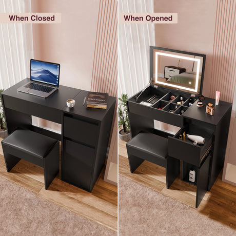 Black desk with laptop and small stool on one side, and makeup station with mirror and drawers on the other, in a room setting.