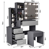 Gray vanity table with mirror and lights, shown with dimensions on a white background
