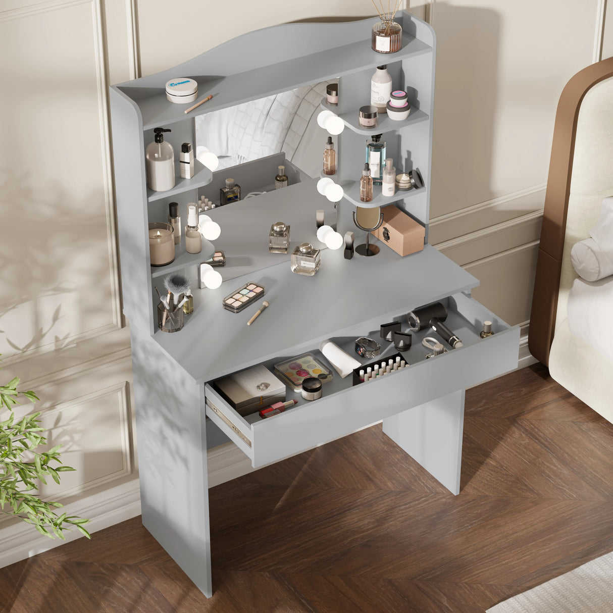 Grey dressing table with mirror and LED lights featuring 5 shelves and 1 large drawer, ideal for makeup and bedroom vanity storage setup.