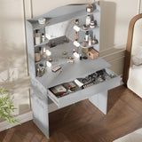 Grey dressing table with mirror and LED lights featuring 5 shelves and 1 large drawer, ideal for makeup and bedroom vanity storage setup.