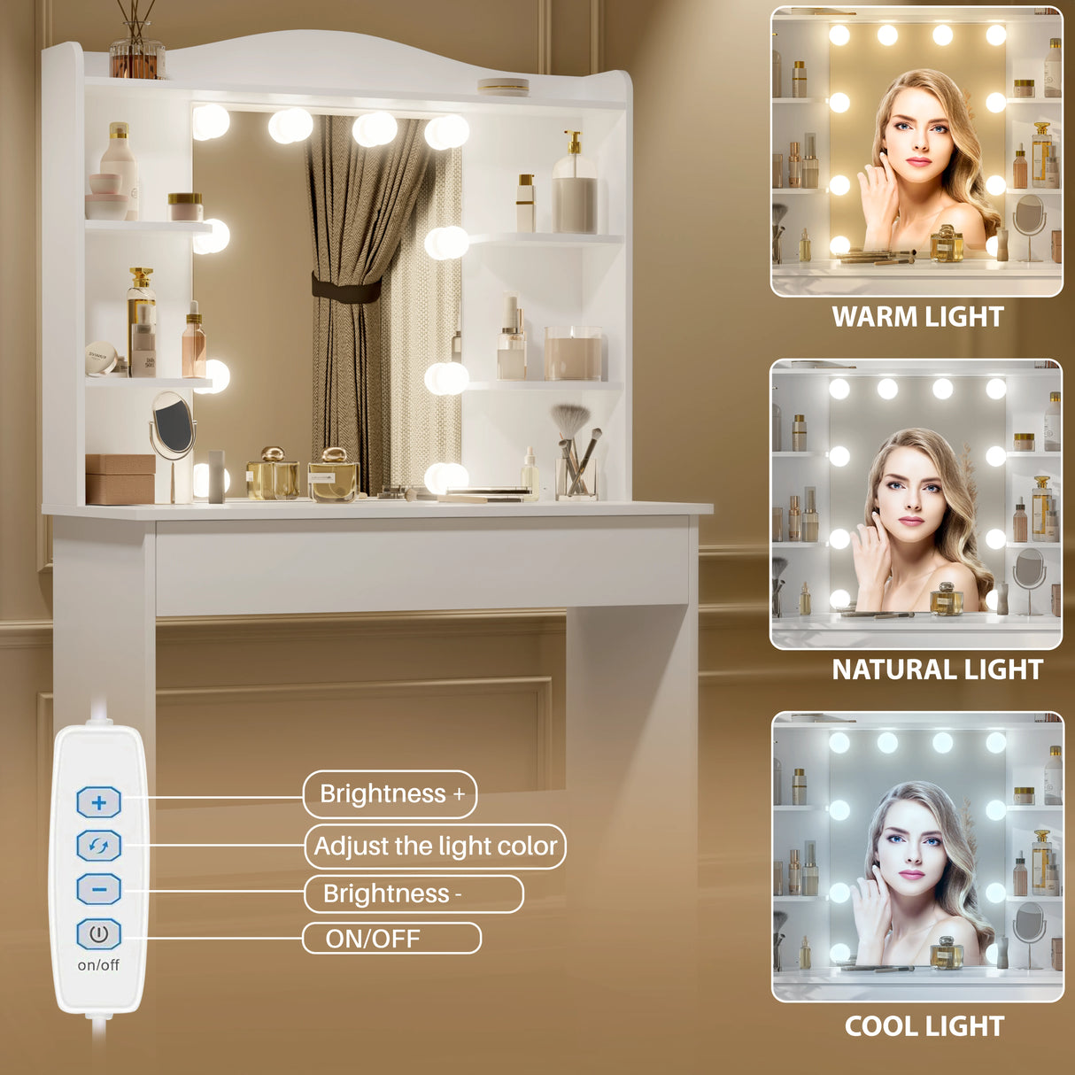 Dressing Table With Mirror & LED Lights - Makeup Vanity Desk in white with adjustable brightness and 3 light modes: warm, natural, and cool. Features 1 large drawer and 5 storage shelves, ideal for bedroom vanity organization.
