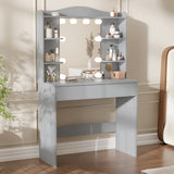 Grey dressing table with mirror and LED lights, featuring 5 open shelves and 1 large drawer, ideal for makeup and bedroom vanity storage.
