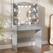 Grey dressing table with mirror and LED lights, featuring 5 open shelves and 1 large drawer, ideal for makeup and bedroom vanity storage.
