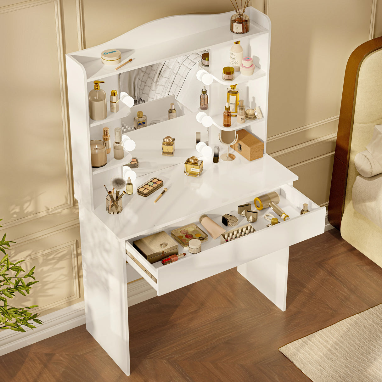 White Dressing Table With Mirror & LED Lights featuring 1 large drawer and 5 storage shelves, ideal for bedroom vanity and makeup organization.