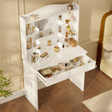 White Dressing Table With Mirror & LED Lights featuring 1 large drawer and 5 storage shelves, ideal for bedroom vanity and makeup organization.