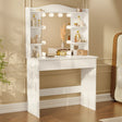 White dressing table with mirror and LED lights, featuring 5 side shelves and 1 large drawer, ideal for makeup and bedroom vanity storage.