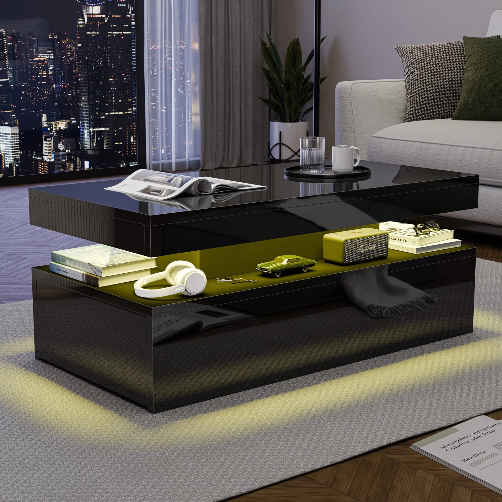 [Black] Night view of black storage coffee table, warm yellow shelf glow lighting headphones, gift box and speaker