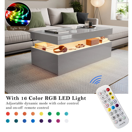 Living room with a coffee table featuring RGB LED light strip and remote control.