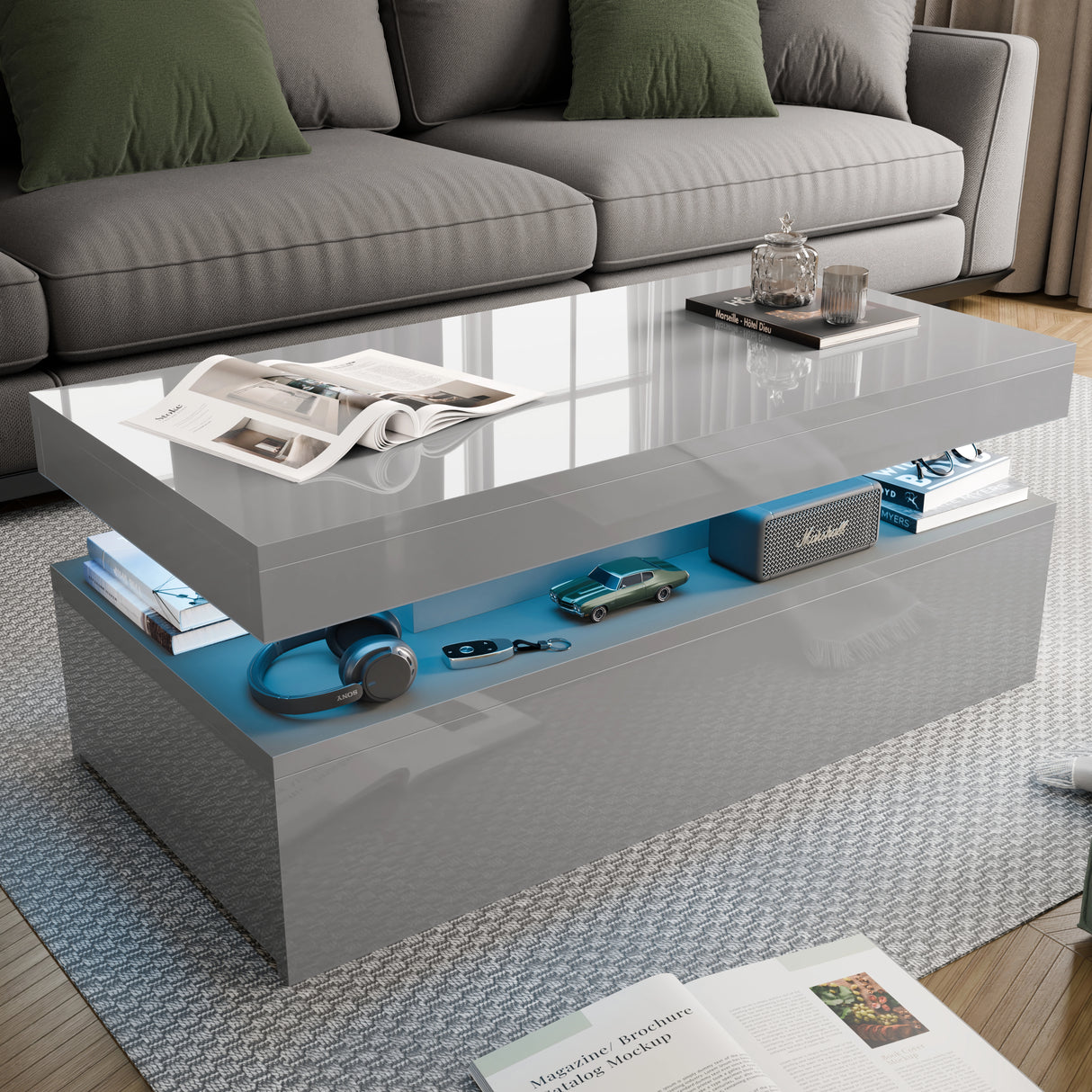Gray coffee table with storage compartments in a living room setting