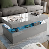 Gray coffee table with storage compartments in a living room setting