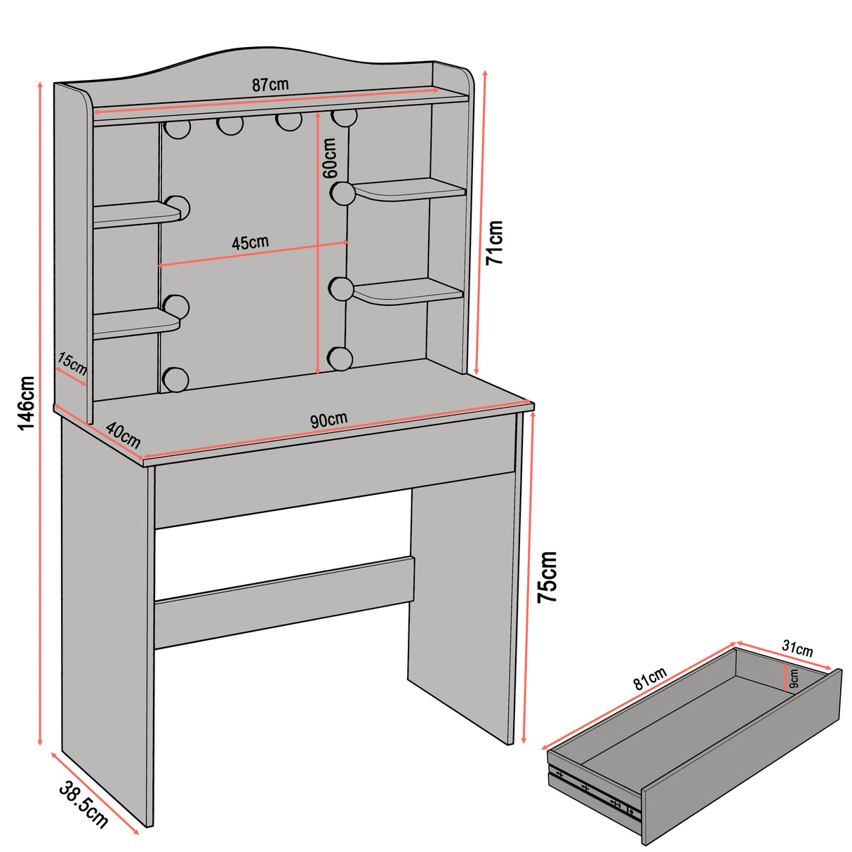 Gray vanity table with dimensions labeled on a white background
