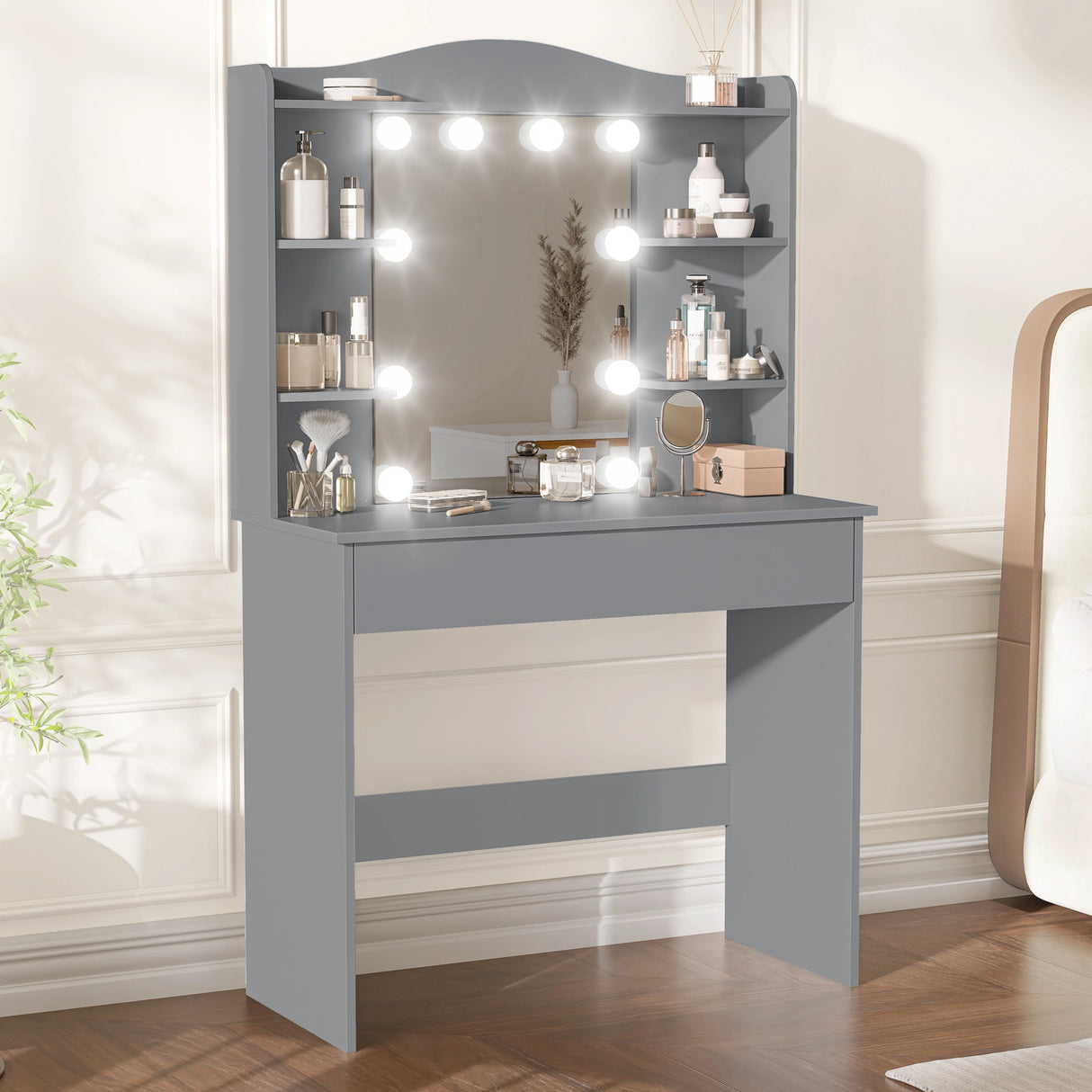 Gray vanity desk with mirror and lights in a room setting