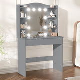 Gray vanity desk with mirror and lights in a room setting