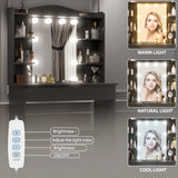 Black dressing table with mirror and LED lights featuring adjustable brightness and color modes. Includes 1 large drawer and 5 storage shelves.
