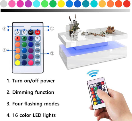 Modern coffee table with LED lights, featuring a remote control for customisable lighting.