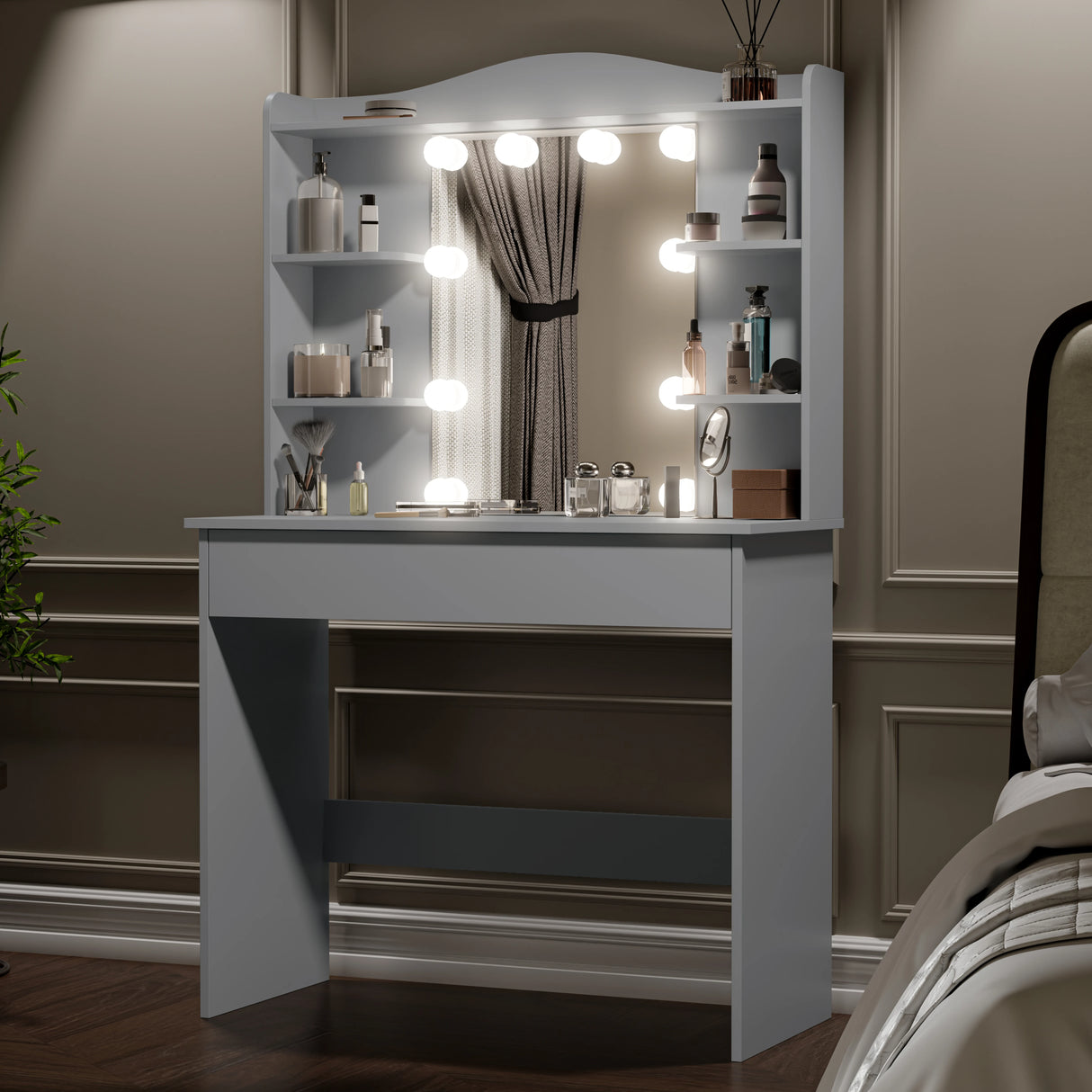 Dressing Table With Mirror & LED Lights - Makeup Vanity Desk in grey finish featuring 5 side shelves, 1 large drawer, and adjustable lighting for bedroom use.