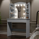 Dressing Table With Mirror & LED Lights - Makeup Vanity Desk in grey finish featuring 5 side shelves, 1 large drawer, and adjustable lighting for bedroom use.