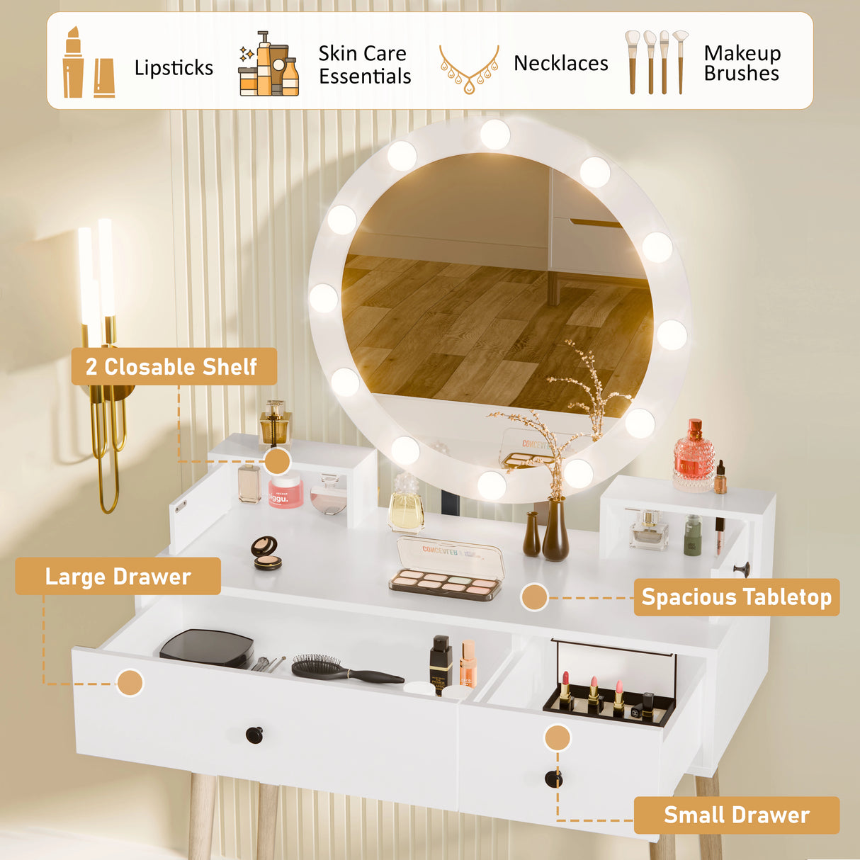 Makeup vanity table with mirror, shelves, and drawers, featuring cosmetic items.