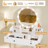 Makeup vanity table with mirror, shelves, and drawers, featuring cosmetic items.