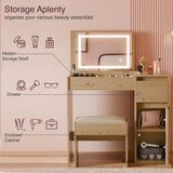 Wooden vanity with mirror, drawers, and cabinet, featuring beauty products and a chair.