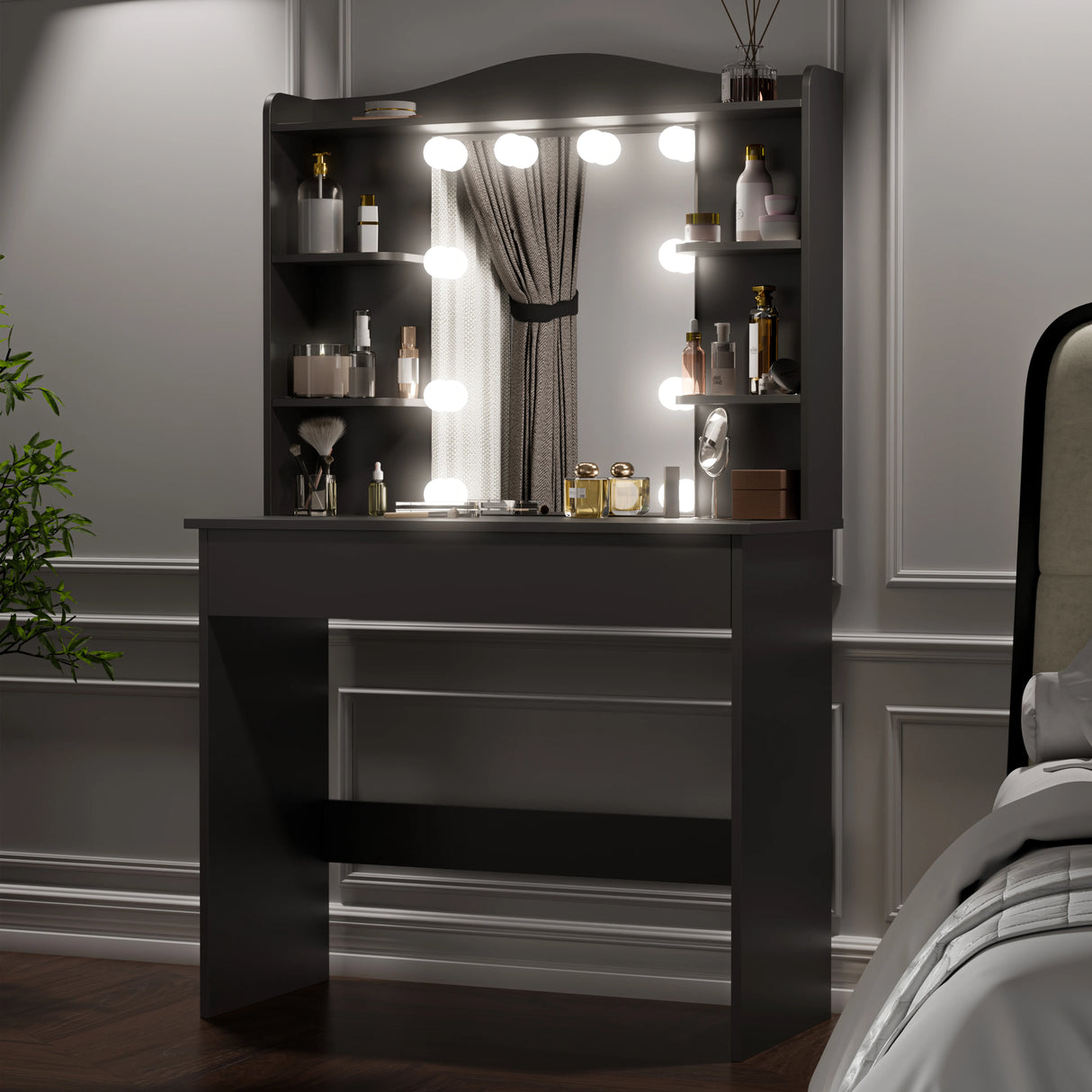 Black Dressing Table With Mirror & LED Lights featuring 5 side shelves and 1 large drawer, ideal for modern bedroom vanity setups and makeup storage.