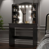 Black Dressing Table With Mirror & LED Lights featuring 5 side shelves and 1 large drawer, ideal for modern bedroom vanity setups and makeup storage.