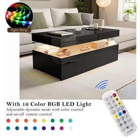 Living room with a black coffee table and RGB LED light strip, remote control included.