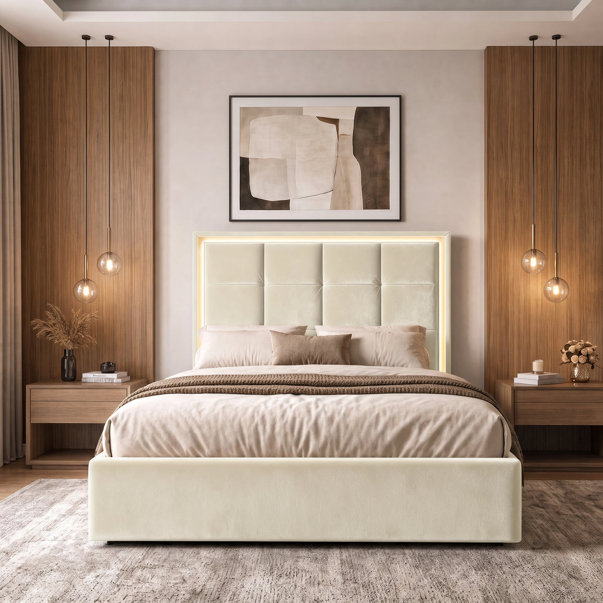 [Beige | Double] LED ottoman bed front view with square-panel headboard, lit border and low footboard