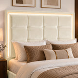 [Beige | Double] Close-up of square-panel padded headboard with recessed LED light border