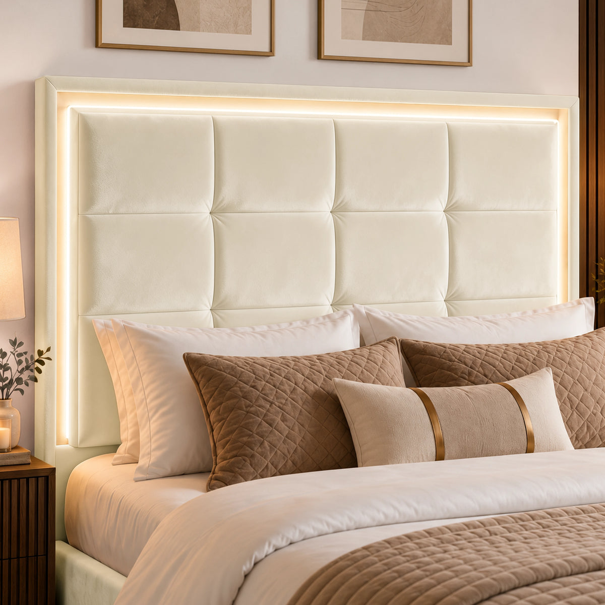 [Beige | Double] Close-up of square-panel padded headboard with recessed LED light border